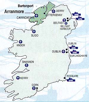 Map of Ireland showing Burtonport and Arranmore and airports including Donegal Airport in Carrickfinn
