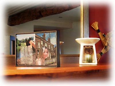 Canvas-textured enlargement in contemporary black ash float frame from Celtic Cards, specialist In Memoriam card printers