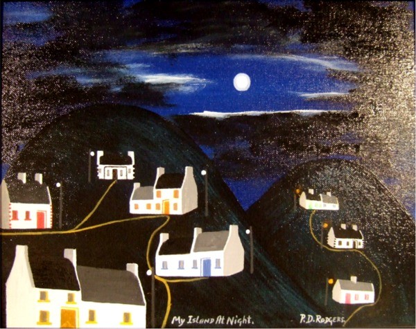 Patsy Dan Rogers My Island at Night painting of Tory Island Exhibited at Letterkenny, County Donegal